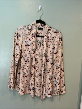 bobeau Cream Floral Tie-Neck Blouse with Blue and Burgundy Accents